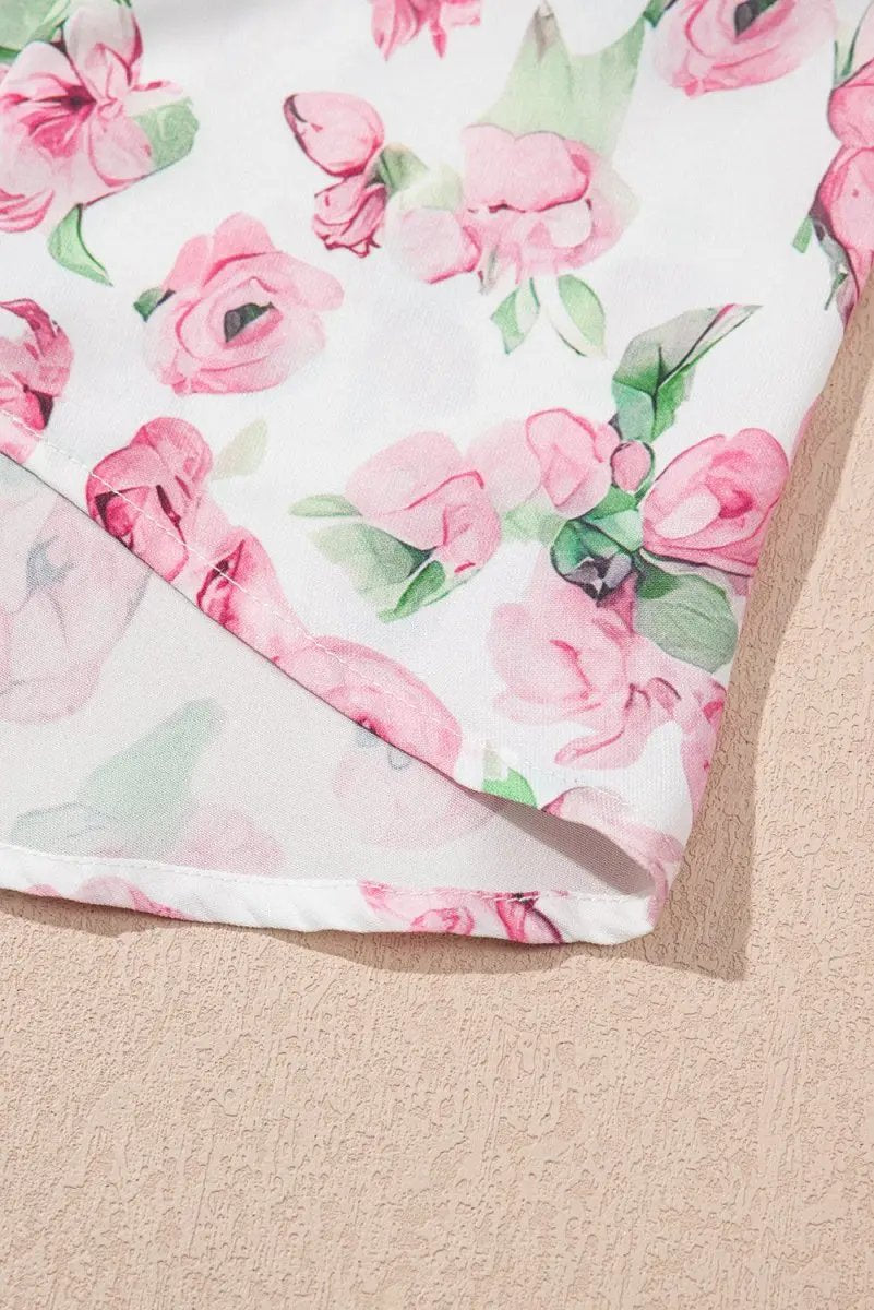 Pink Floral Split Neck Short Sleeve Loose Plus Size Mini Dress - Love Salve